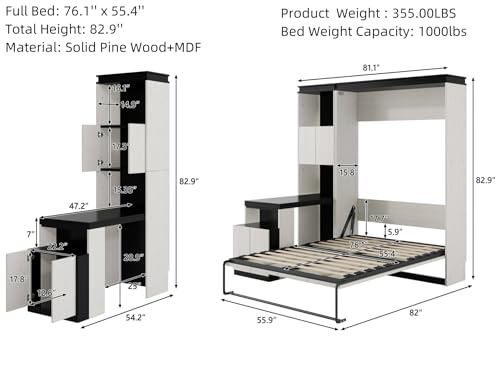 White Wood Full Murphy Bed with Desk and Storage Shelves J91448