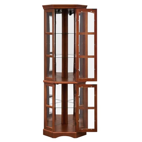 Oak Corner Curio Display Cabinet with 5 Shelves and Lighting System, Tempered Glass Doors O3623