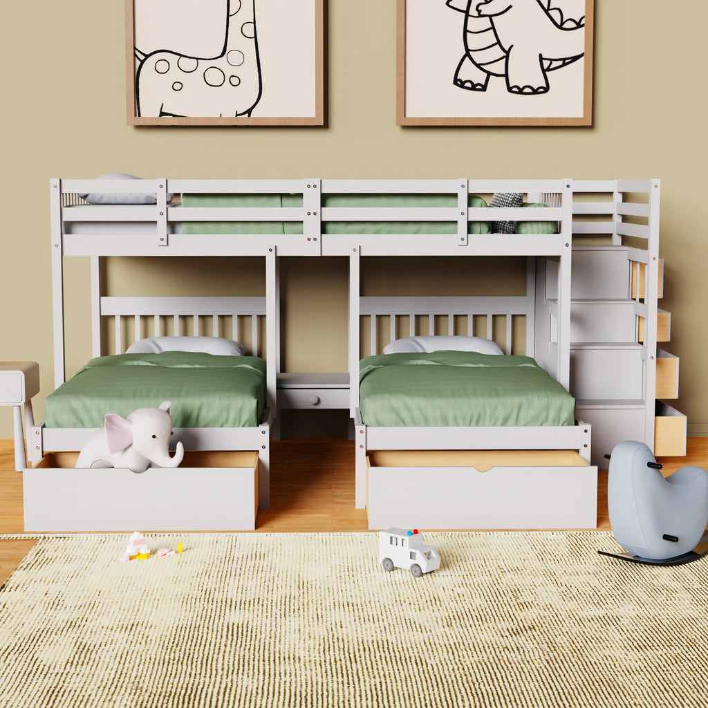 White Wood Triple Bunk Bed with Drawers and Guardrails R31357