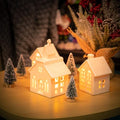 7PCS Christmas Village Sets - 3 LED Lighted Ceramic White Christmas Village Houses with Remote & 4 Trees W538