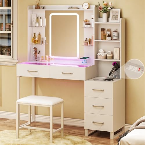 White 43" Vanity Desk with Mirror and LED Lights, Glass Top, Wireless Charging, RGB Drawers, 3 Colors Light, Power Outlet N86268