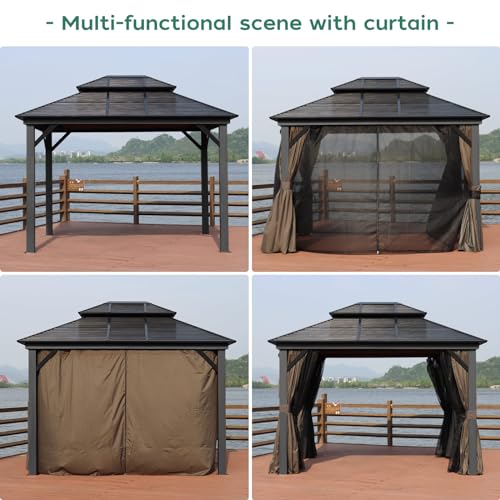 Hardtop Gazebo 10x12FT, Heavy Duty Metal Pavilion with 4.92'' Square Pillar, Aluminum Wood Grain Outdoor Gazebos Double Roof, Patio Gazebo with Curtain & Netting T734474