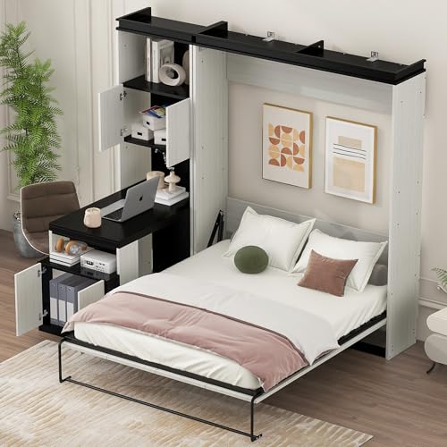 White Wood Full Murphy Bed with Desk and Storage Shelves J91448