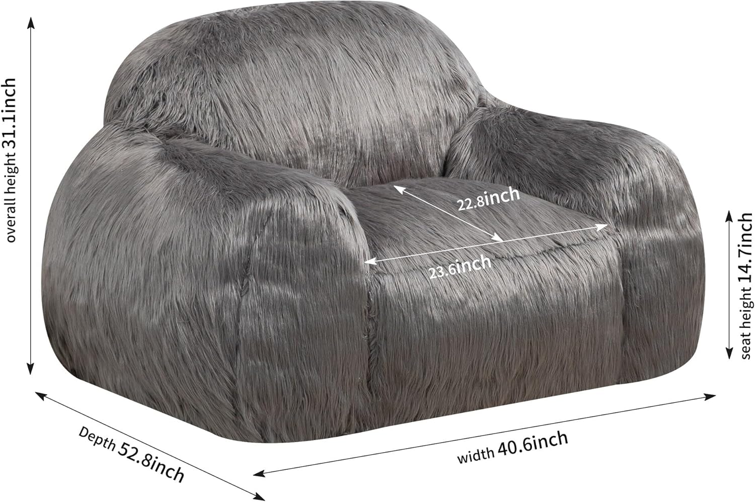 Grey Long Hair Single Bean Bag Chair H934328