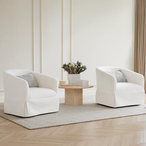 Cream White Linen Fabric Swivel Accent Chair Set of 2 E4491