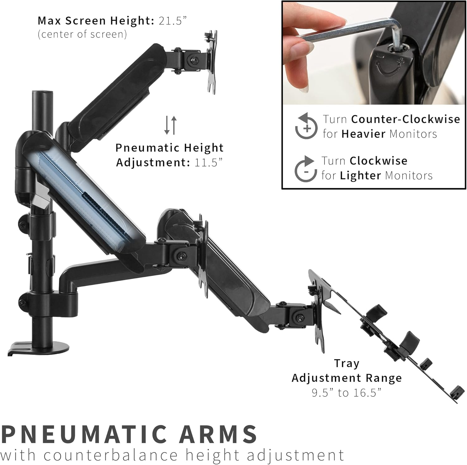 Black Pneumatic Arm Mount for Laptop and Dual 17 to 32 Inch Monitors M527