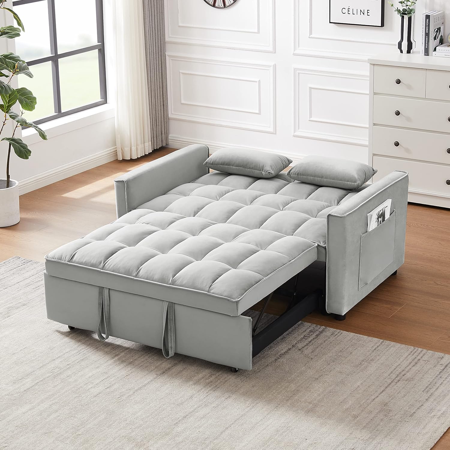 Gray Velvet Loveseat Sofa with Pullout Bed Q30708