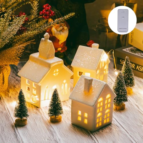 7PCS Christmas Village Sets - 3 LED Lighted Ceramic White Christmas Village Houses with Remote & 4 Trees W538