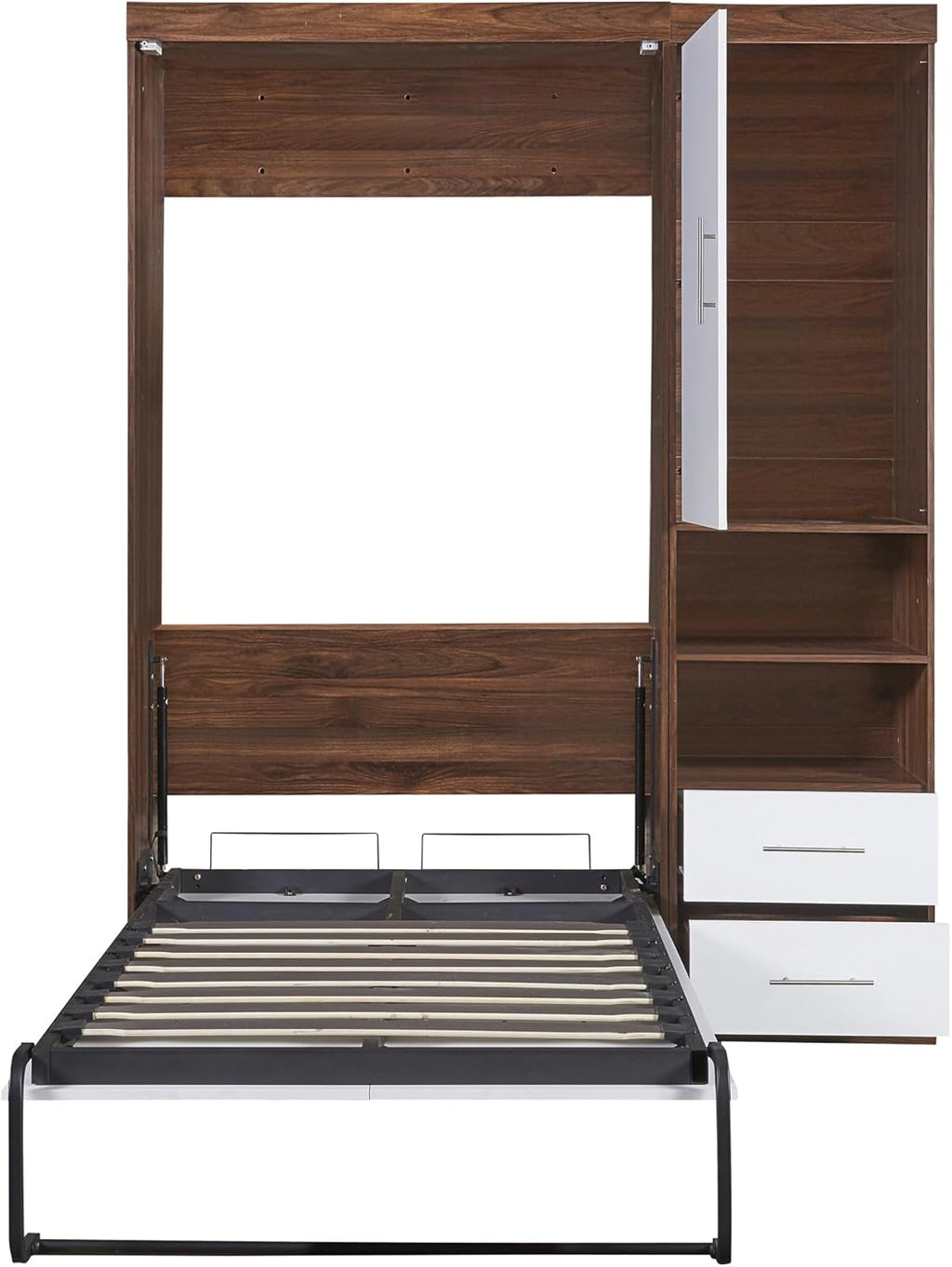 White Twin Size Wooden Murphy Wall Bed with Cabinet and Storage Drawers E838