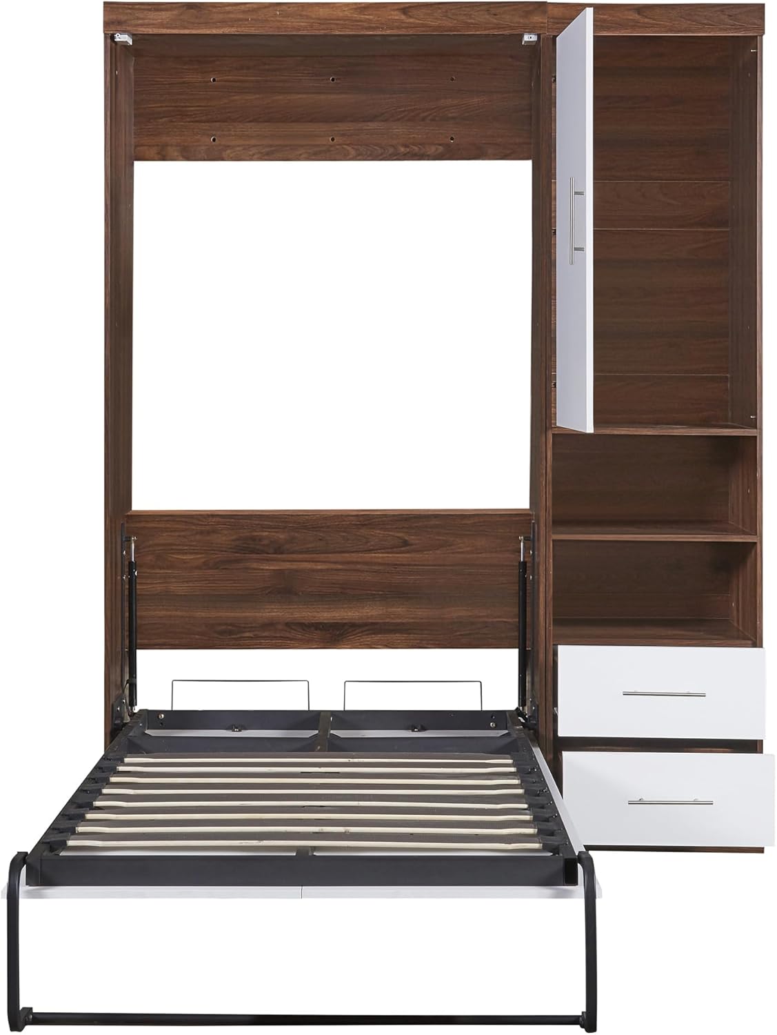White Twin Size Wooden Murphy Wall Bed with Cabinet and Storage Drawers E838