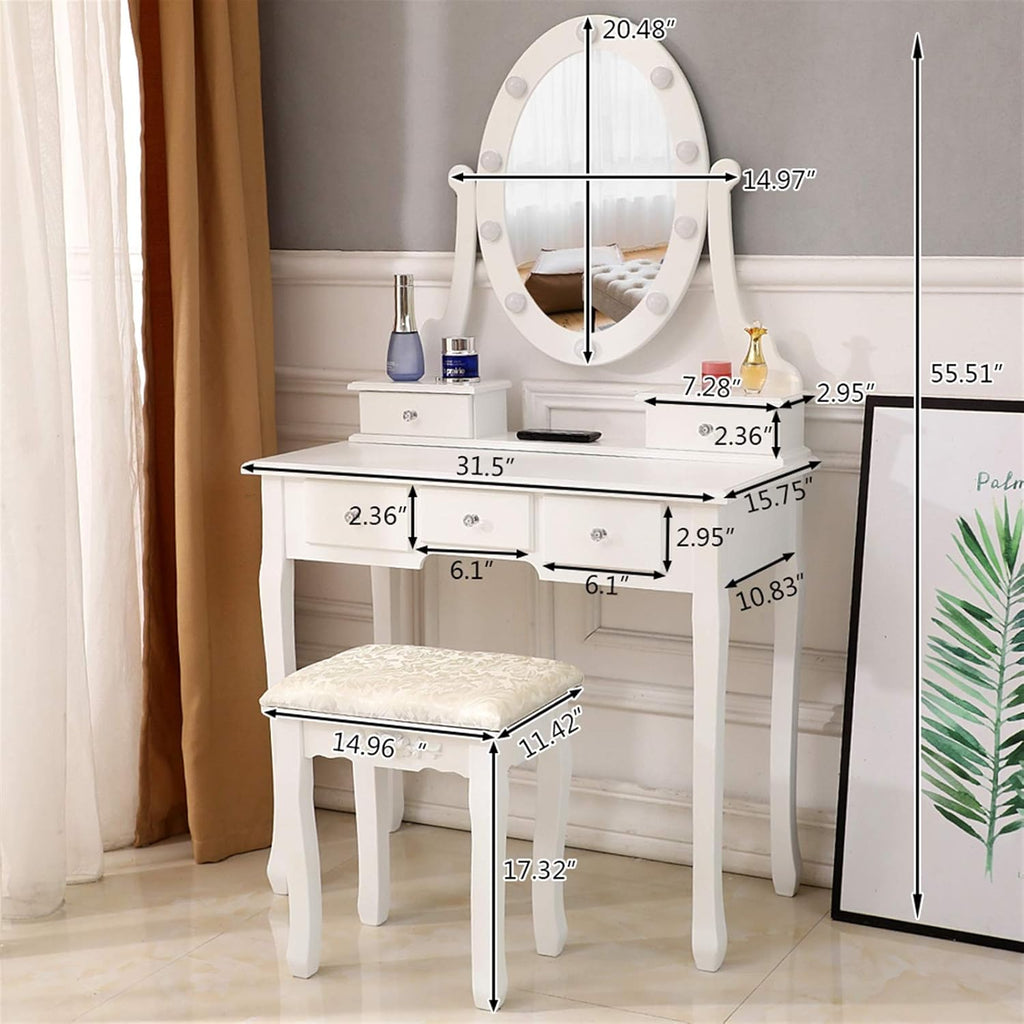 White Lighted Makeup Vanity Set with 10 Light Bulbs and 5 Sliding Drawers K122494