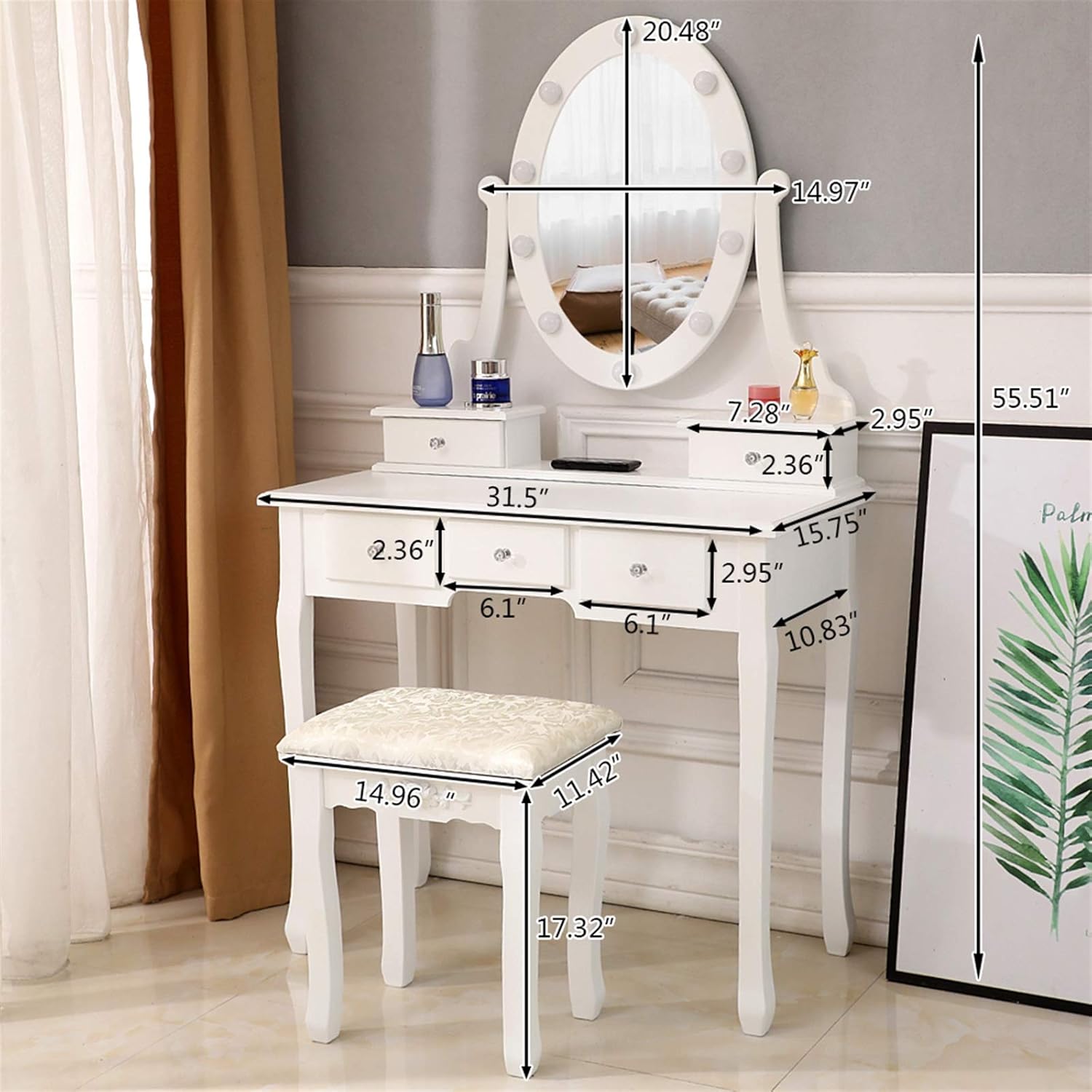 White Lighted Makeup Vanity Set with 10 Light Bulbs and 5 Sliding Drawers K122494