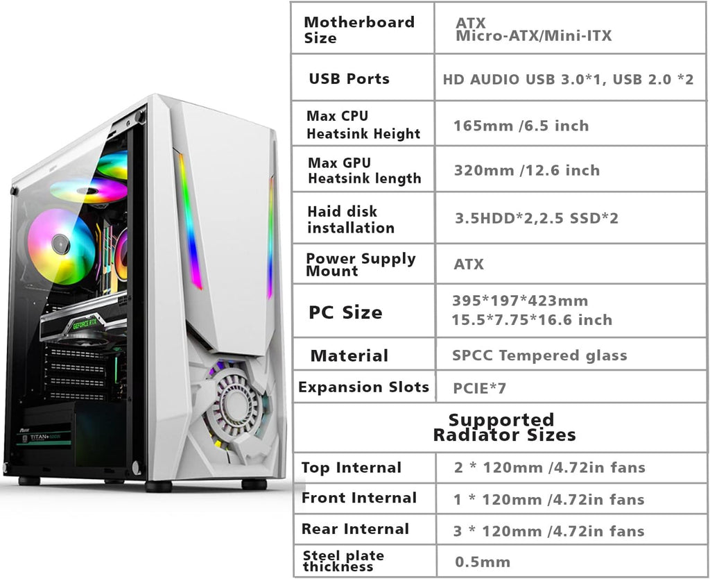 Mid Tower Desktop PC Computer Case with 5pcs 120mm ARGB Fans White Q96201