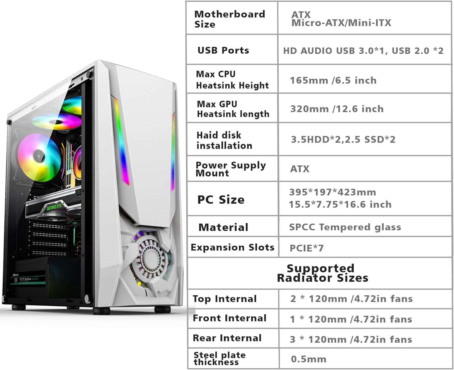 Mid Tower Desktop PC Computer Case with 5pcs 120mm ARGB Fans White Q96201