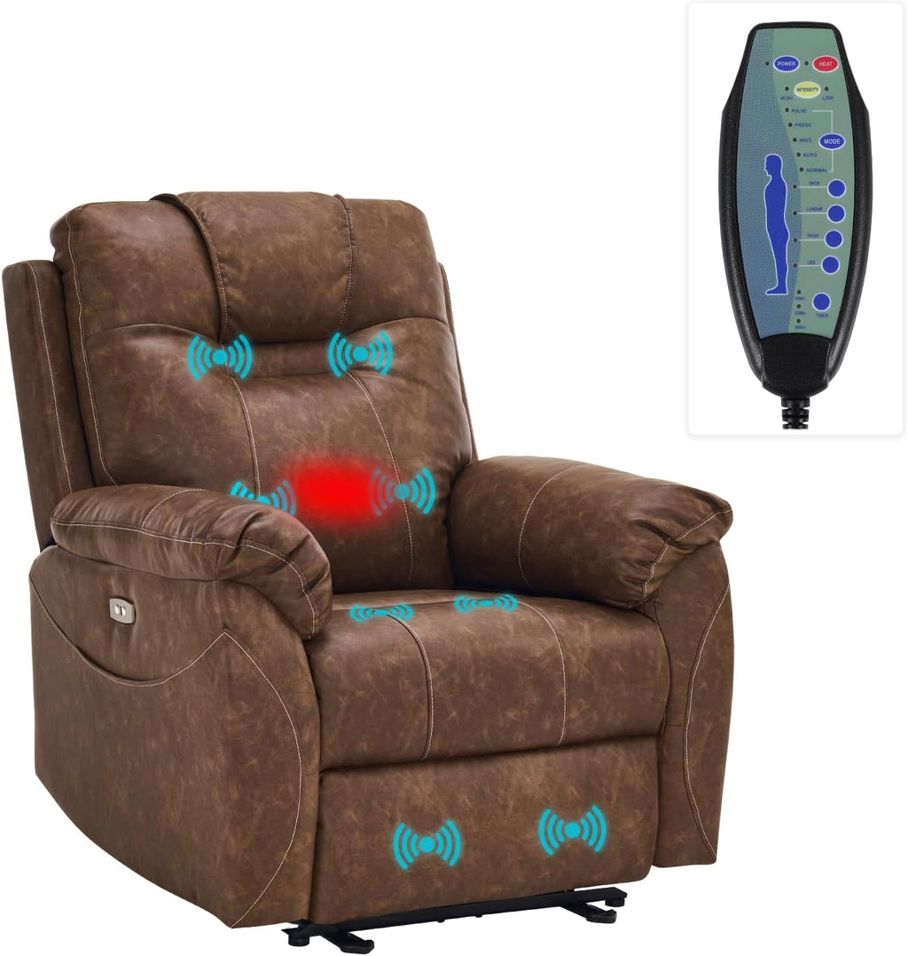 Electric Recliner with Heat & Massage, Leather Recliner Chair with Extended Footrest, Power Recliner Chair with USB Ports B1179