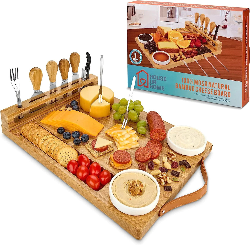 Bamboo Cheese Board with Knife Set, Wine Opener, Ceramic Bowls & Forks J873390