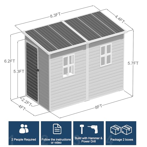 Outdoor Resin Storage Shed 8x4x6 FT Lean to Shed with Floor Included 2 Windows Lockable Door Y7057