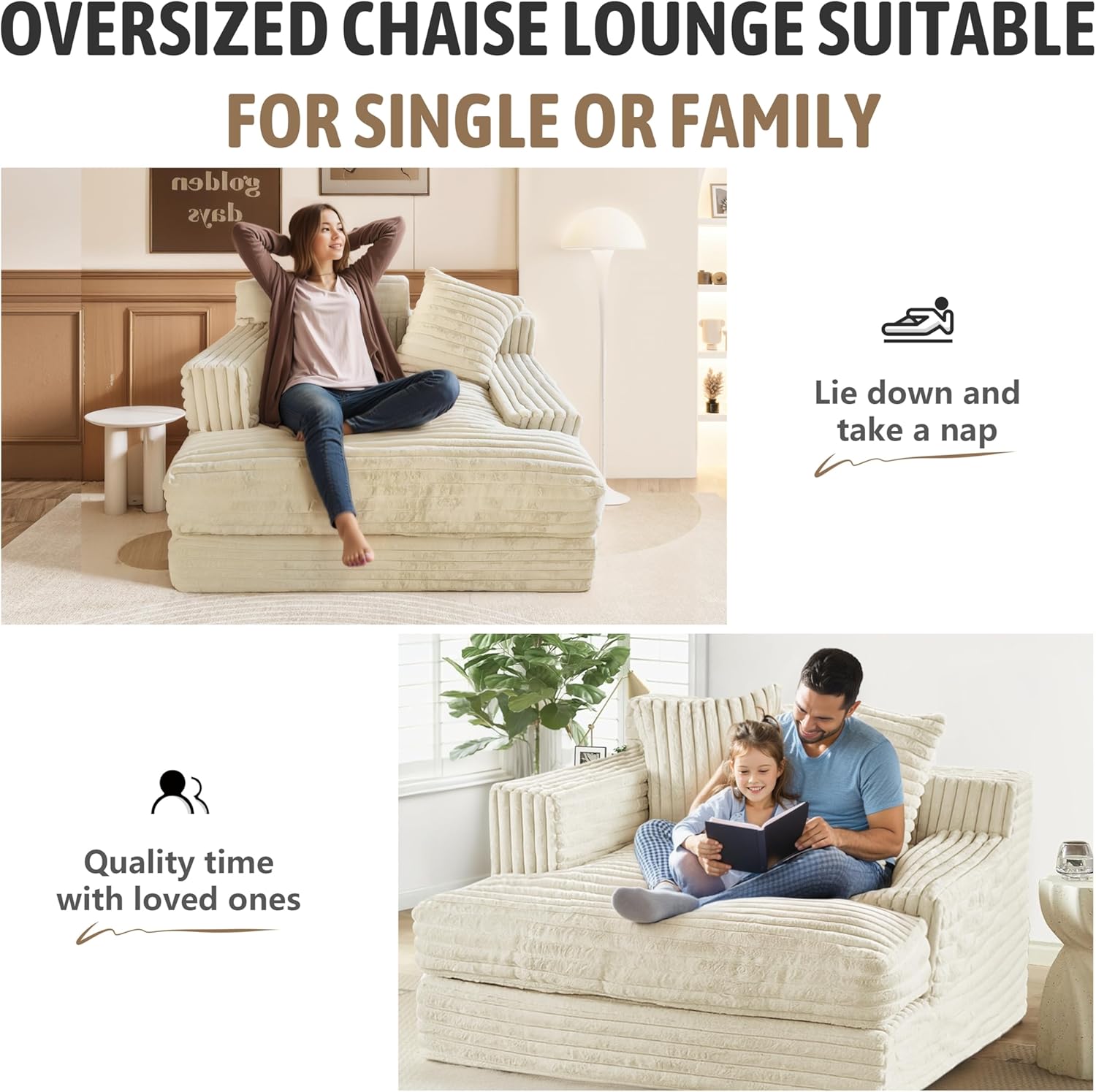 Oversized Chaise Lounge Sofa with 2 Throw Pillows V708