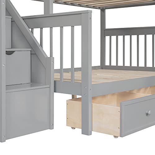 Gray Wooden Triple Bunk Bed with Storage Drawers J157060