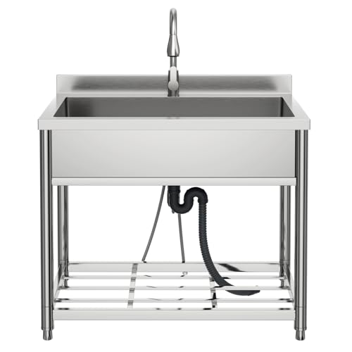 Stainless Steel Single Bowl Freestanding Utility Sink with Pull-Out Faucet, W35.4" x D22.4" x H37" C217