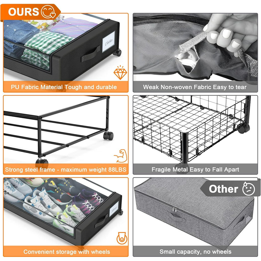2-Pack Black Under Bed Storage Bins with Wheels and Clear Lids L118101