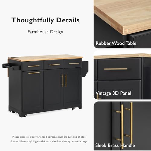 Black Farmhouse Kitchen Island with Drop Leaf, Barn Door, 3 Drawers, Adjustable Shelf, Spice Rack, 56" D474