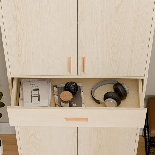 71" Tall 4 Doors Wood Freestanding Cupboard with Sliding Drawer and 2 Adjustable Shelves, Oak A42569
