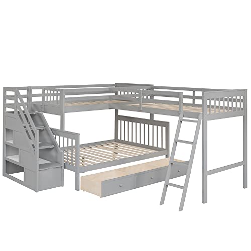 Gray Wooden Triple Bunk Bed with Storage Drawers J157060