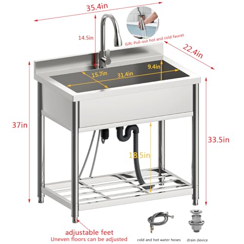 Stainless Steel Single Bowl Freestanding Utility Sink with Pull-Out Faucet, W35.4" x D22.4" x H37" C217