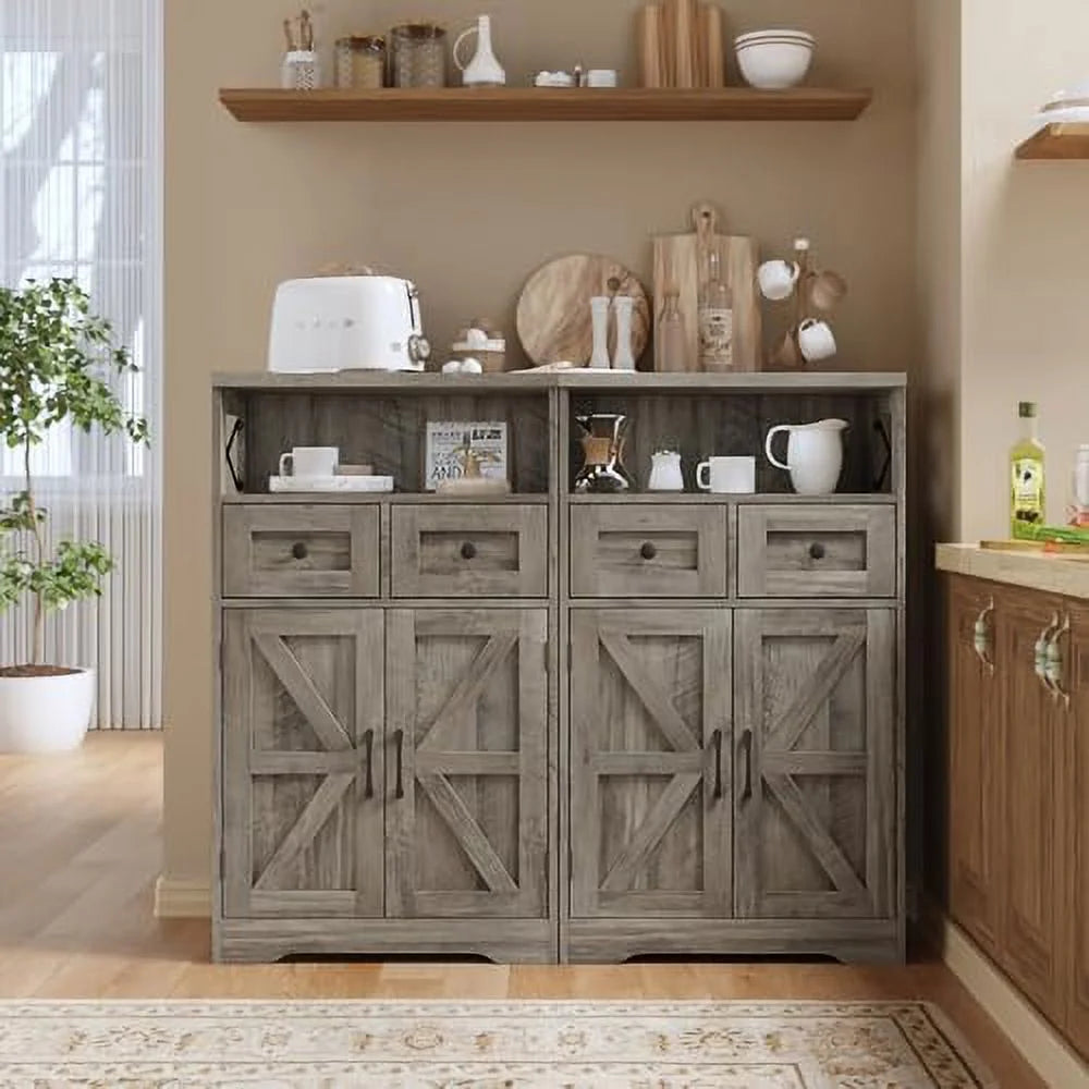 Farmhouse Cabinet with Drawers and Freestanding Kitchen Pantry Floor Cabinet Hutch Cupboard Rustic Grey P4572