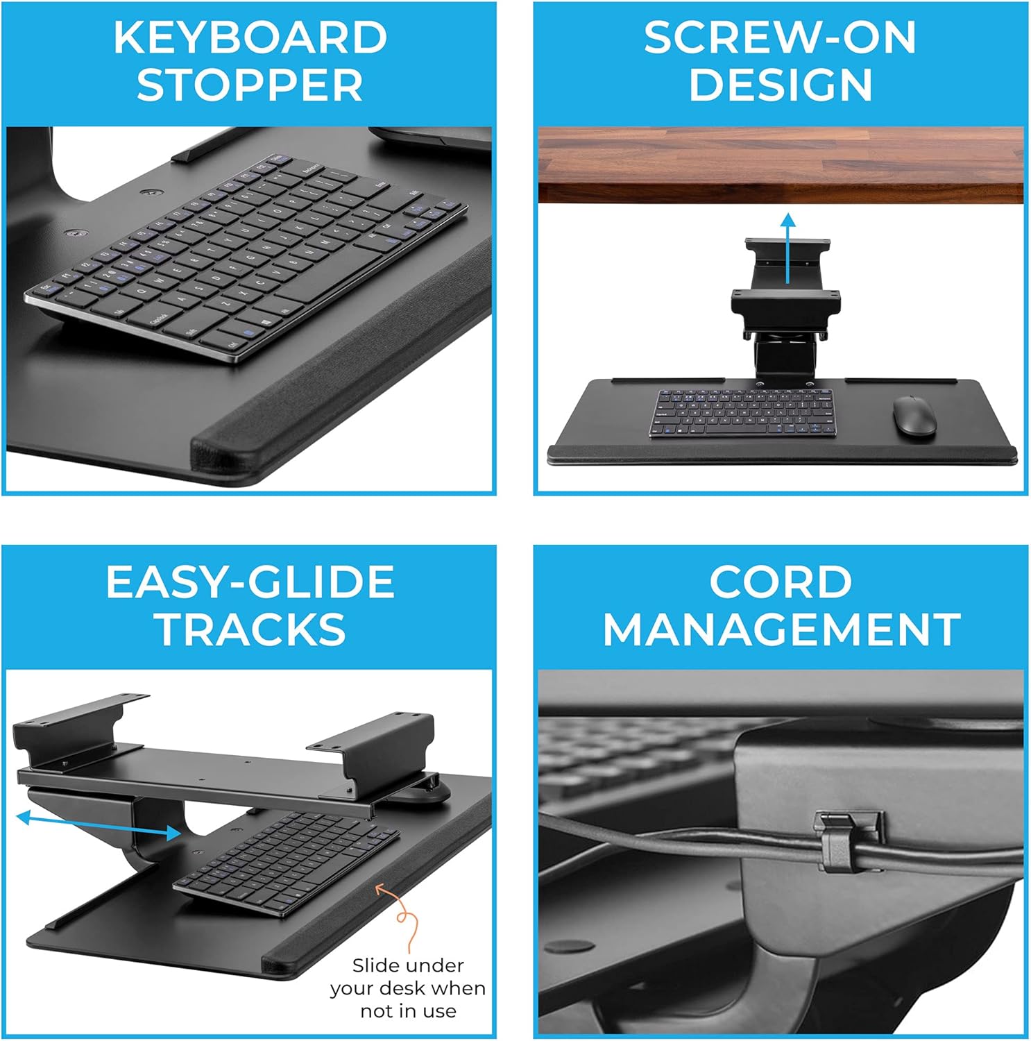 Under Desk Keyboard Tray, Adjustable Tilting Keyboard Shelf, Screw On Under Desk Storage with Cable Clips (26.5in x 10in / Black) T812503