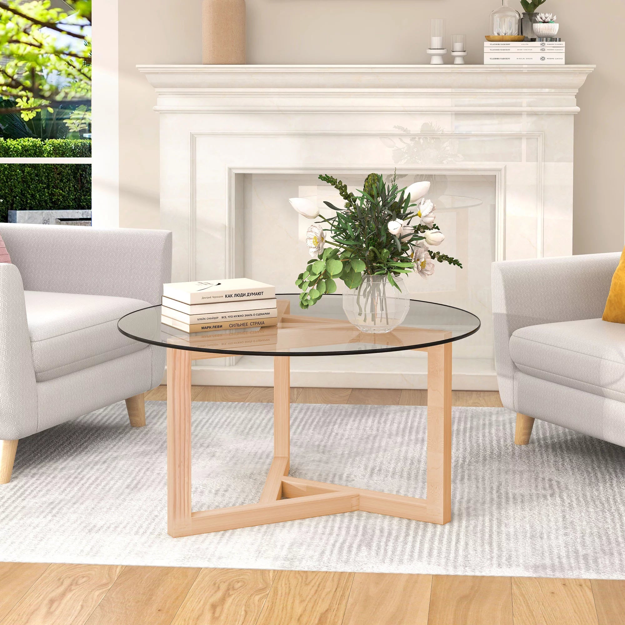 Round Glass Coffee Table with Tempered Glass Top & Wood Base F4419