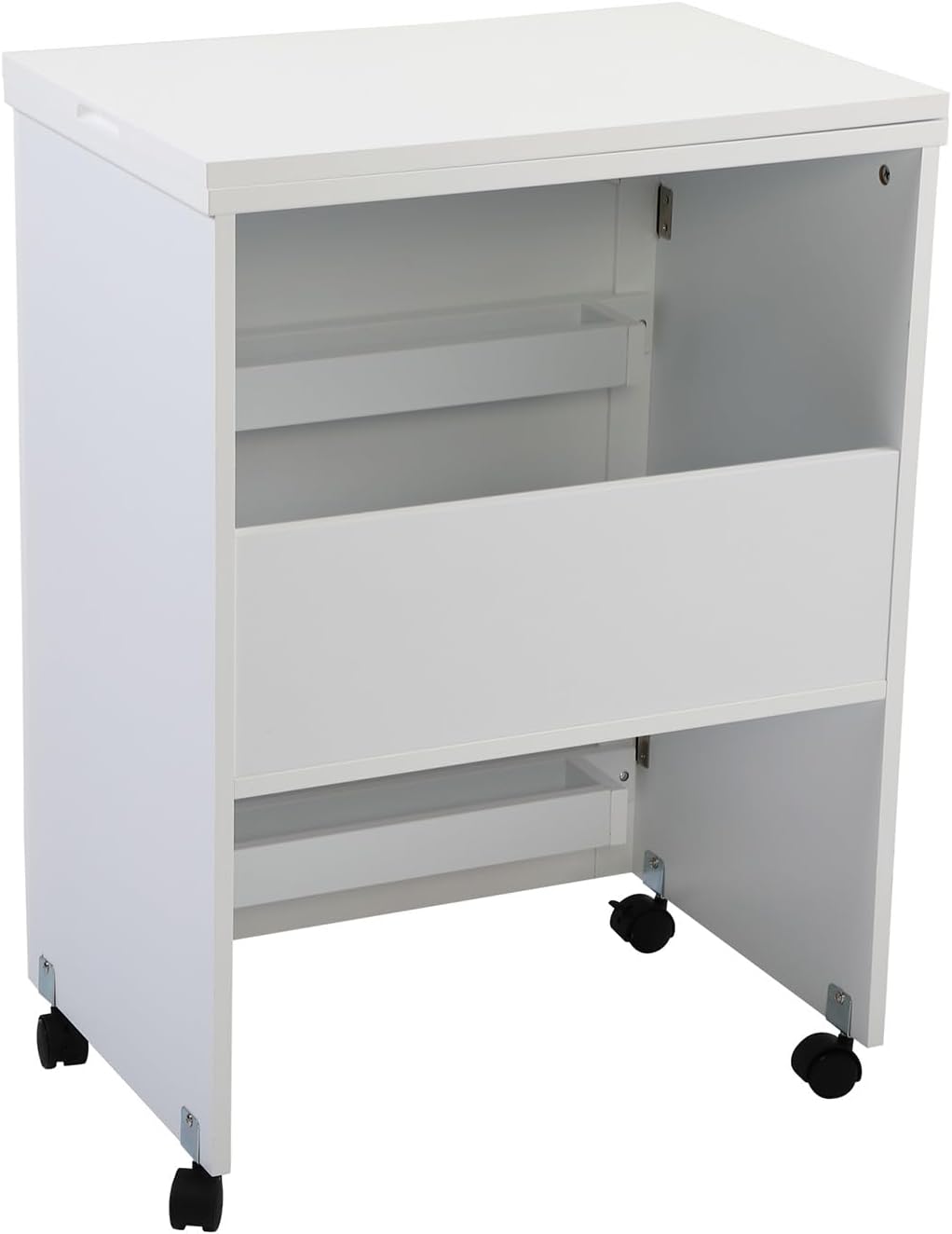 White Folding Sewing Craft Cart with Storage Shelves and Lockable Casters O78634