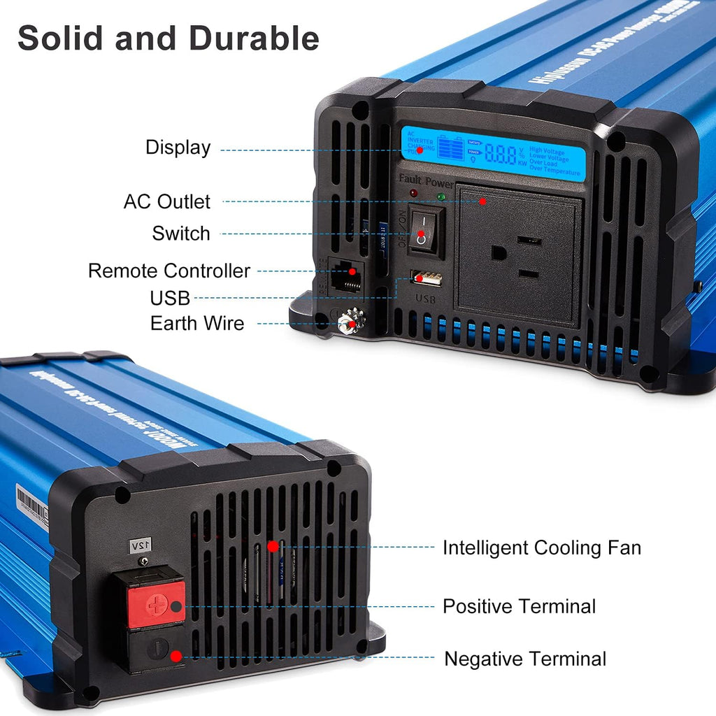 1000 watt Pure Sine Wave Power Inverter 12V to 110V DC to AC with Remote Controller Y79041
