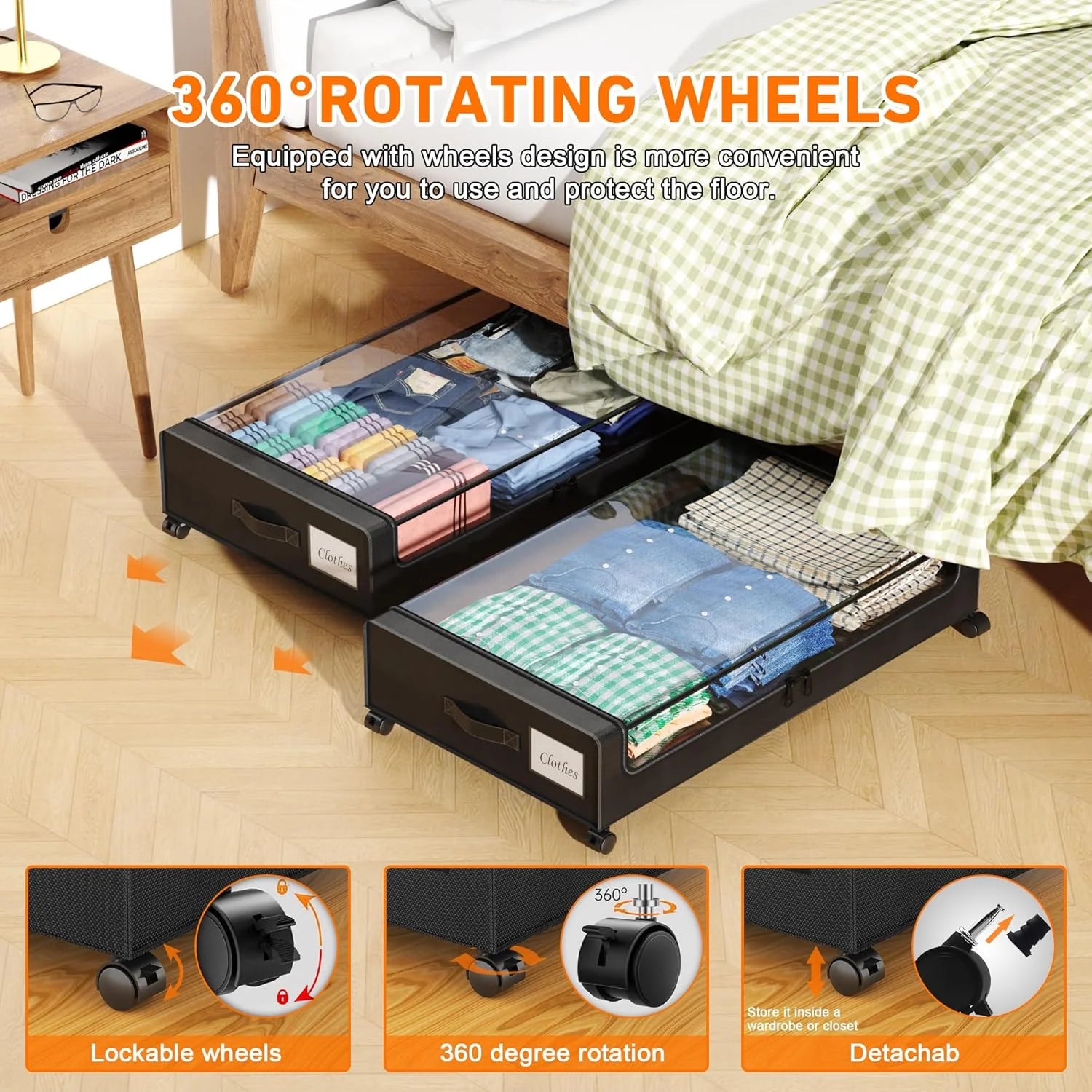 2-Pack Black Under Bed Storage Bins with Wheels and Clear Lids L118101
