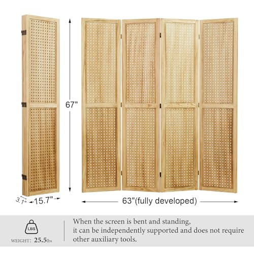 66.9inch Freestanding Folding Pegboard Privacy Screens 4 Panels White H7591