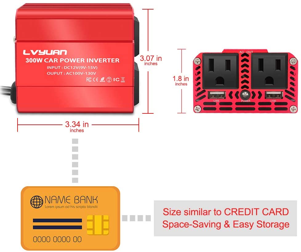 300W Power Inverter DC 12V to 110V AC with 3.1A Dual USB Charger R397