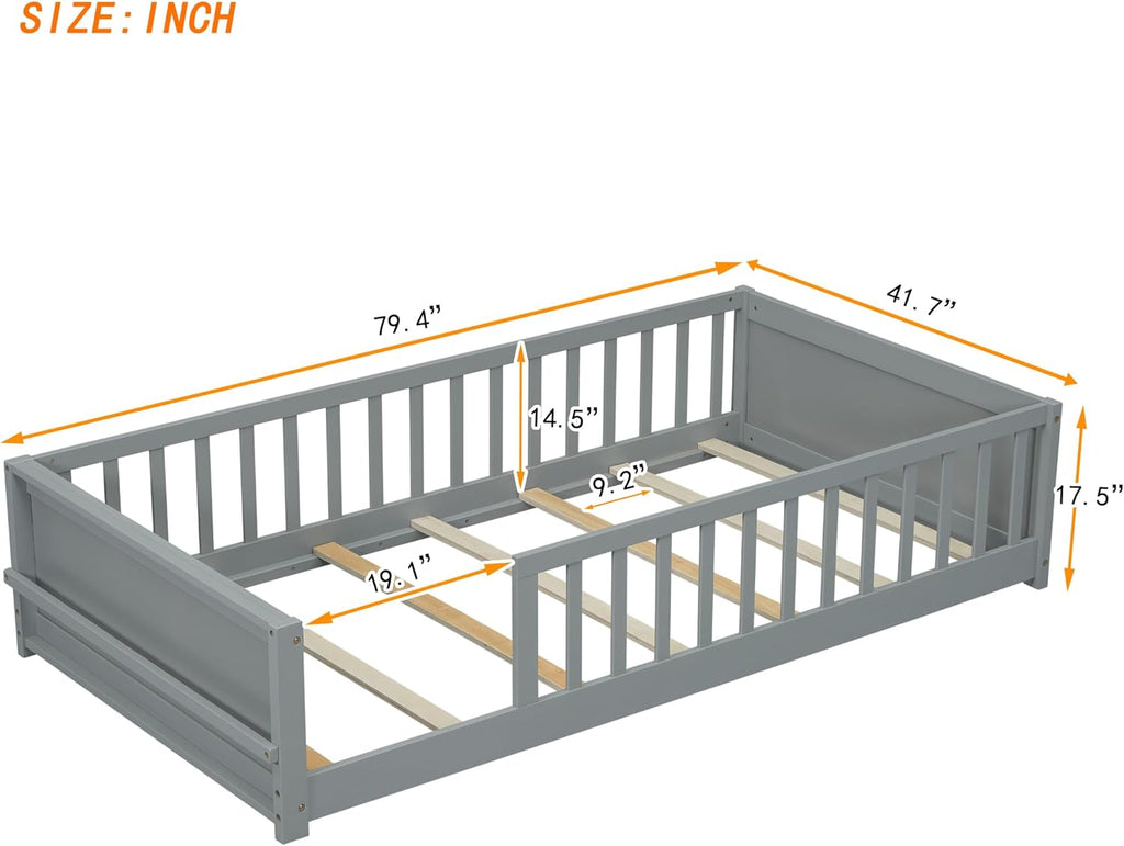 Twin Size Solid Pine Wood Floor Bed Frame with Safety Guardrails and Slats (Grey) P914