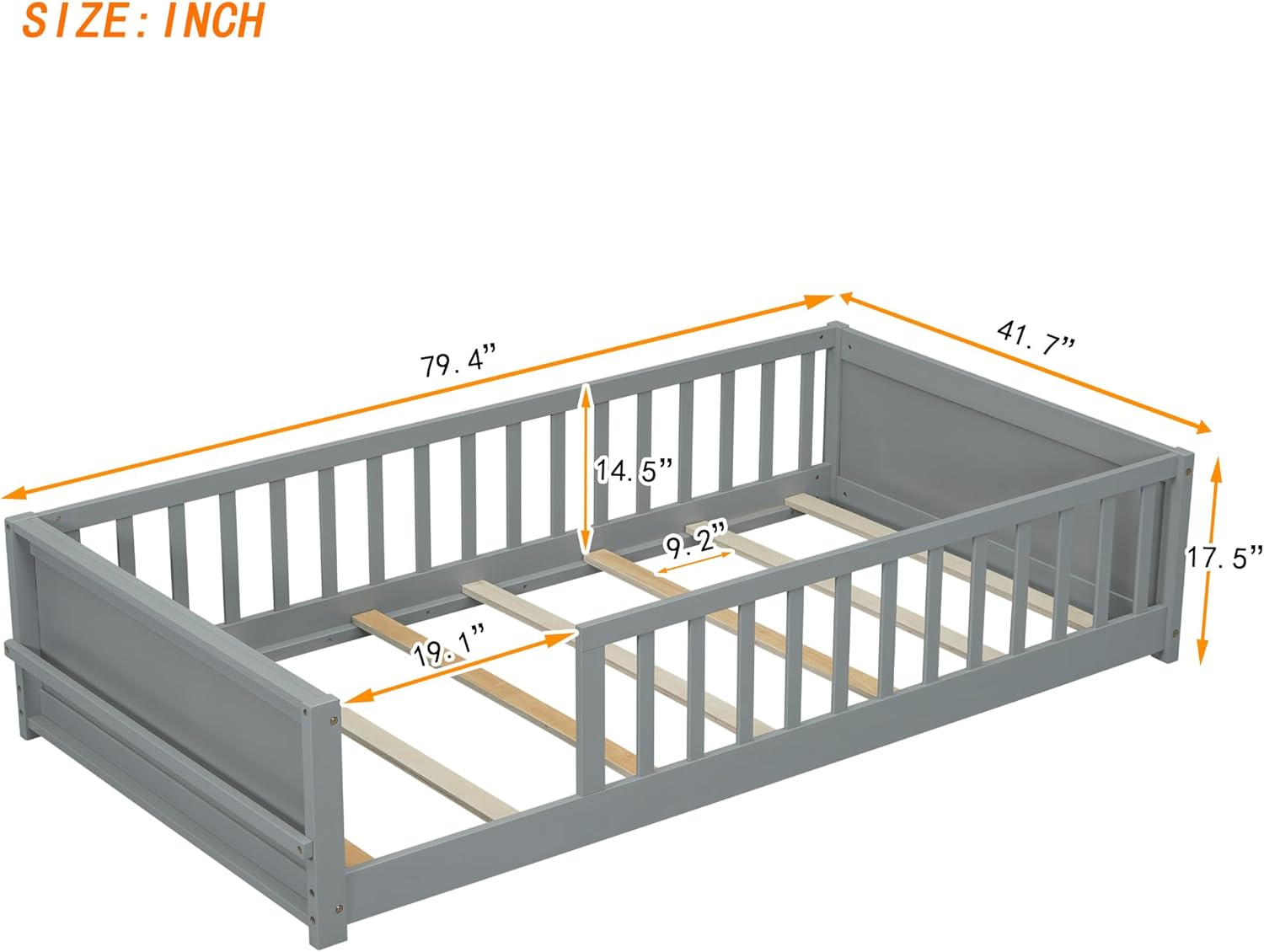 Twin Size Solid Pine Wood Floor Bed Frame with Safety Guardrails and Slats (Grey) P914