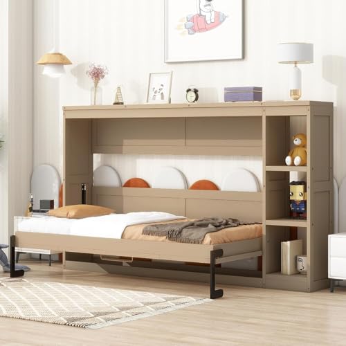 Full Size Wood Murphy Bed with Storage Shelves (White) D83573
