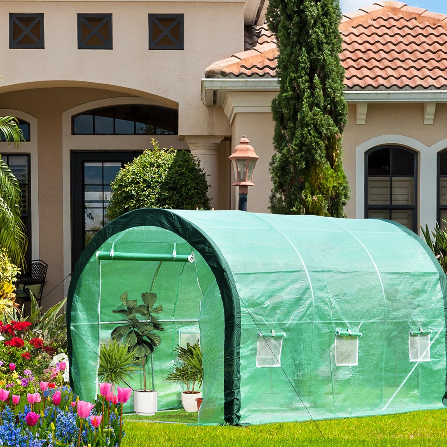 12 x 7 x 7ft Portable Walk-in Tunnel Greenhouse with 2 Zippered Doors 6 Screen Windows K66951