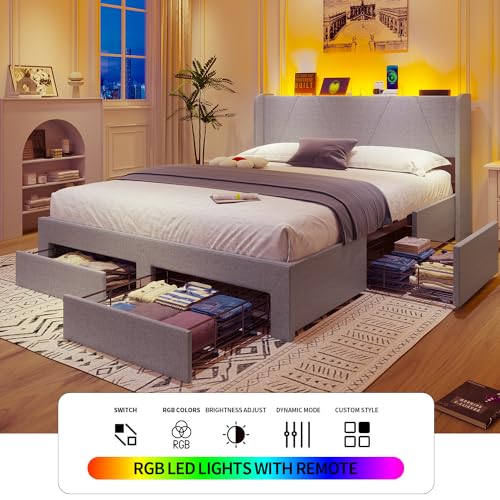 Queen Bed Frame with Storage Headboard & 4 Drawers, LED Upholstered, Light Grey Y2049