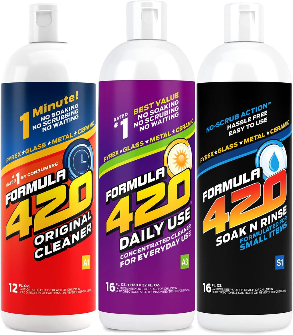 Formula 420 Bundle Pack : 1 Original Cleaner 12 oz, 1 Daily Use 16oz Concentrate makes 32oz & 1 Soak-N-Rinse 16 oz (3 bottles) H6758