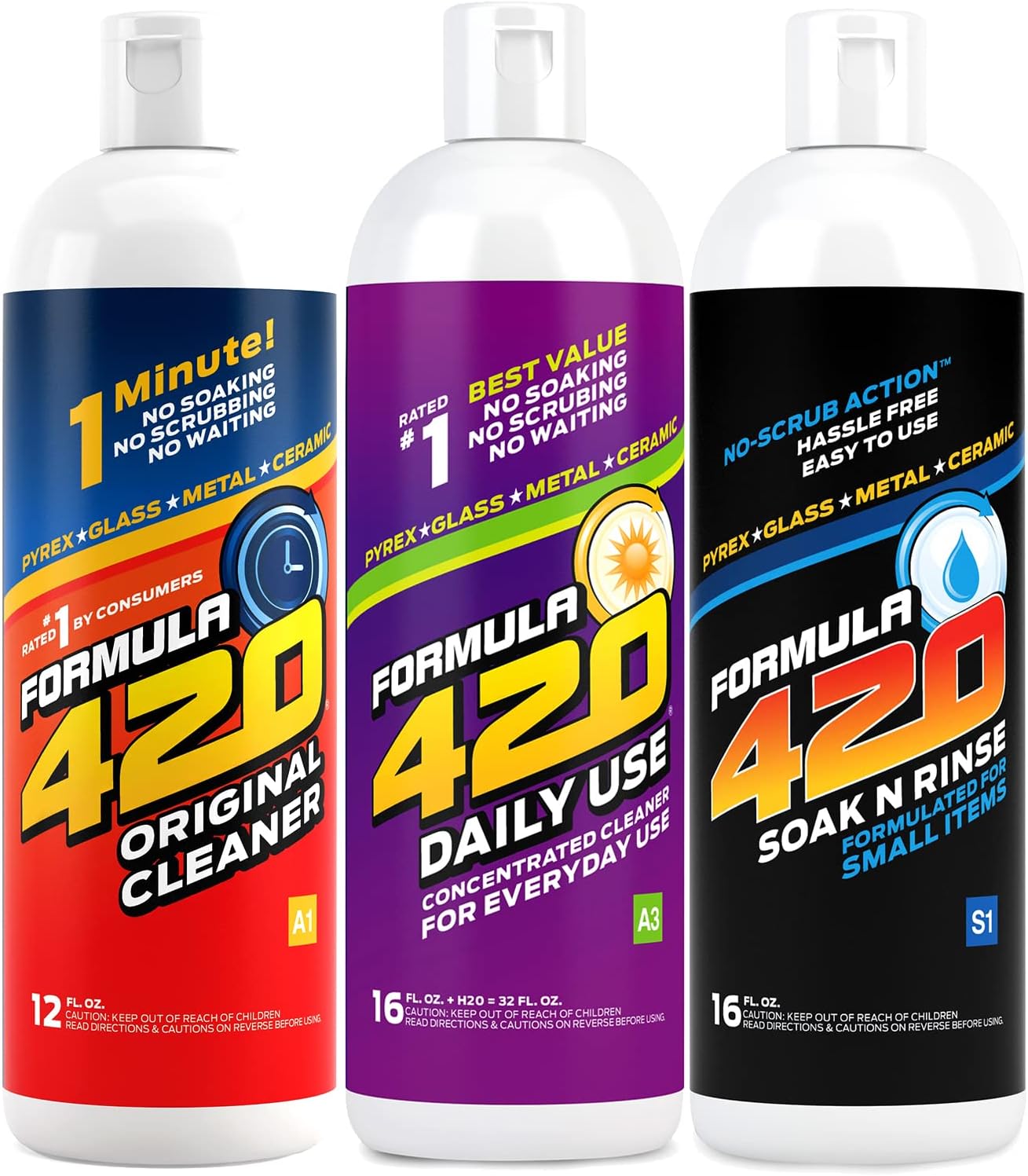 Formula 420 Bundle Pack : 1 Original Cleaner 12 oz, 1 Daily Use 16oz Concentrate makes 32oz & 1 Soak-N-Rinse 16 oz (3 bottles) H6758