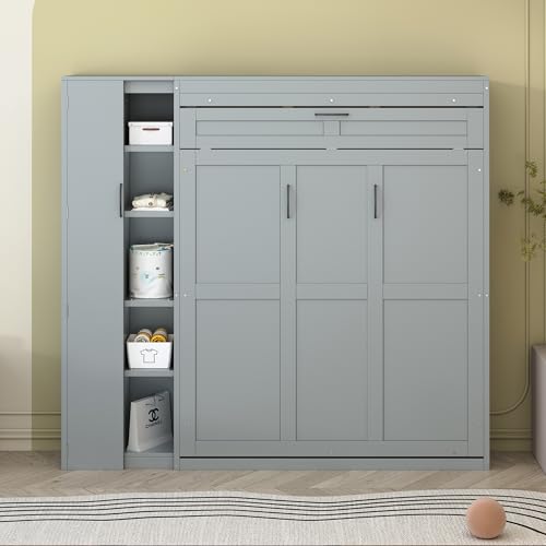 Gray Queen Size Murphy Bed with Storage Shelves and LED Lights U29548