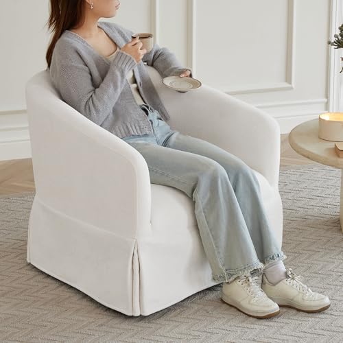 Cream White Linen Fabric Swivel Accent Chair Set of 2 E4491