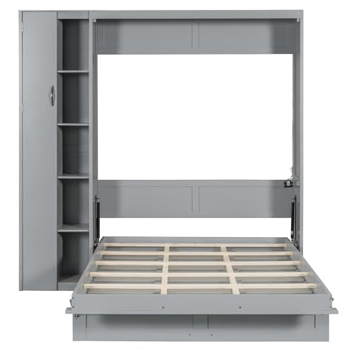 Gray Queen Size Murphy Bed with Storage Shelves and LED Lights U29548