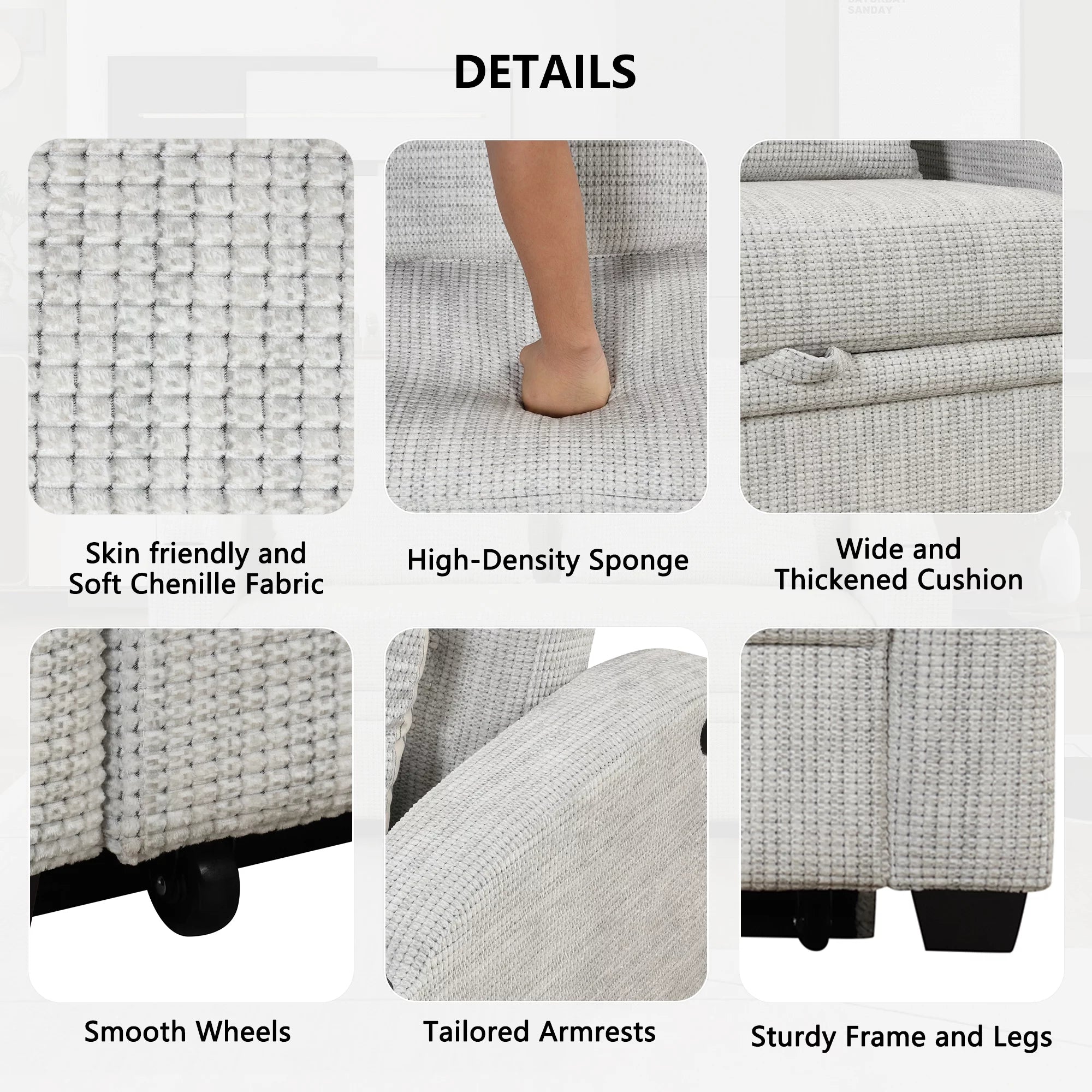 White Gray Chenille Convertible Loveseat Sofa with 2 Pillows T105