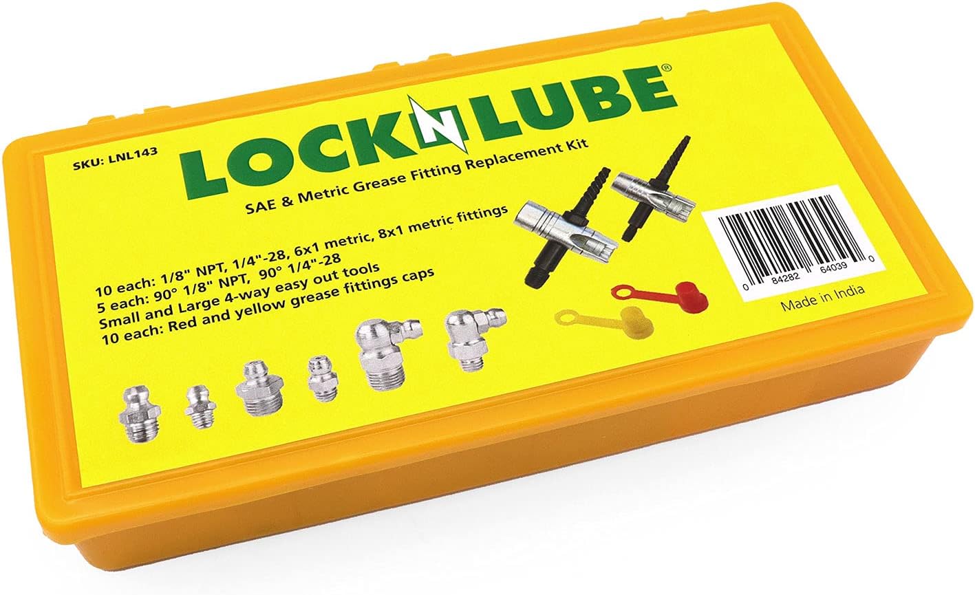 Grease Fitting Replacement Kit with SAE and Metric Zerks, Multi-Tools, Fitting Caps V17086