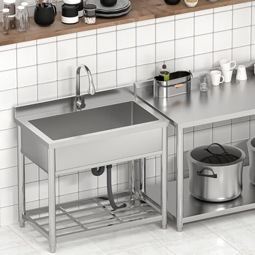 Stainless Steel Single Bowl Freestanding Utility Sink with Pull-Out Faucet, W35.4" x D22.4" x H37" C217